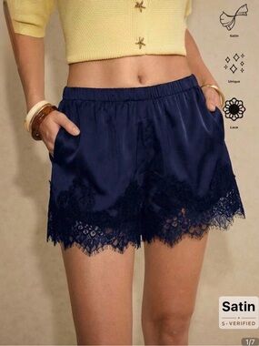 Poéselle Satin Lace Trim Women's Shorts - Navy